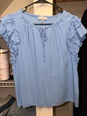 Cupio Sky Blue Ruffle Sleeve Tie-Neck Blouse